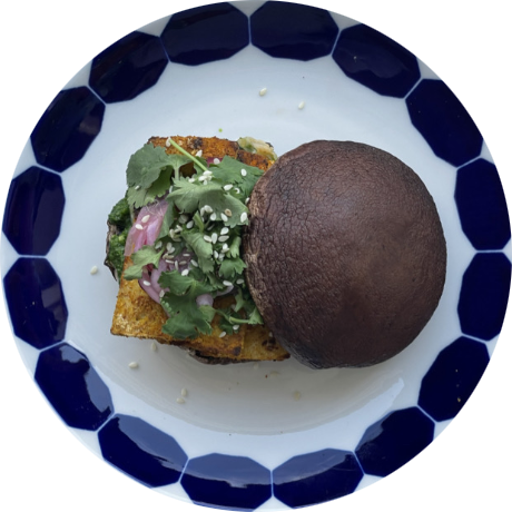 Tofu toast with mushroom on dotted plate